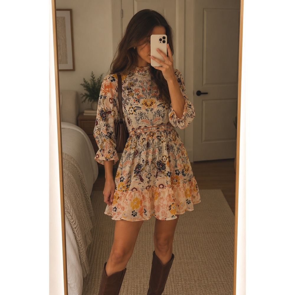 Free People Noveau Floral Mini Dress XS Mock Neck 3/4 Sleeve Boho Chic Whimsical